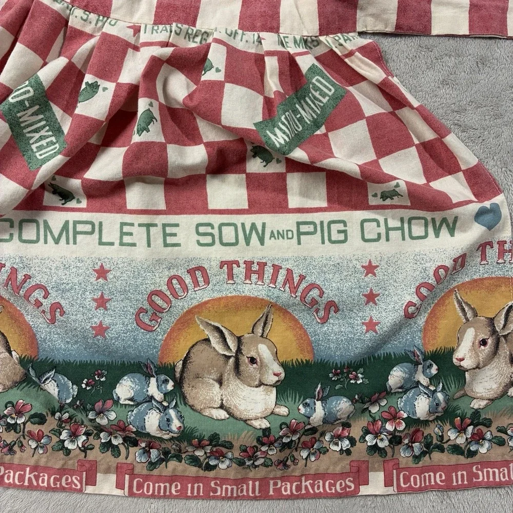 Country Style Waist Apron Red Check Bunny Rabbit Good Things Print Cottagecore